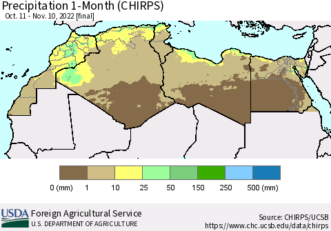 North Africa Precipitation 1-Month (CHIRPS) Thematic Map For 10/11/2022 - 11/10/2022