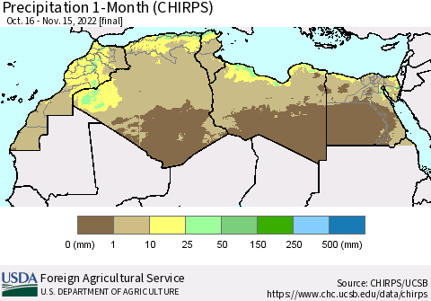 North Africa Precipitation 1-Month (CHIRPS) Thematic Map For 10/16/2022 - 11/15/2022