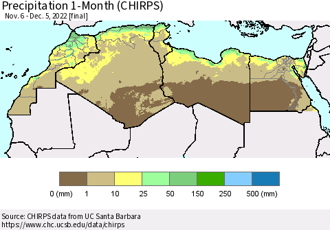 North Africa Precipitation 1-Month (CHIRPS) Thematic Map For 11/6/2022 - 12/5/2022