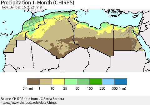North Africa Precipitation 1-Month (CHIRPS) Thematic Map For 11/16/2022 - 12/15/2022