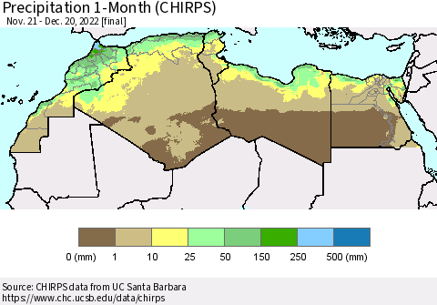 North Africa Precipitation 1-Month (CHIRPS) Thematic Map For 11/21/2022 - 12/20/2022