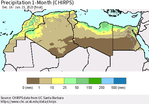 North Africa Precipitation 1-Month (CHIRPS) Thematic Map For 12/16/2022 - 1/15/2023