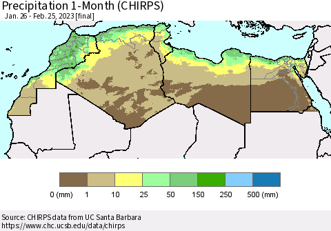 North Africa Precipitation 1-Month (CHIRPS) Thematic Map For 1/26/2023 - 2/25/2023
