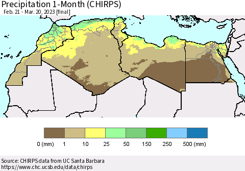 North Africa Precipitation 1-Month (CHIRPS) Thematic Map For 2/21/2023 - 3/20/2023