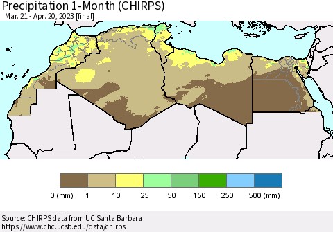 North Africa Precipitation 1-Month (CHIRPS) Thematic Map For 3/21/2023 - 4/20/2023