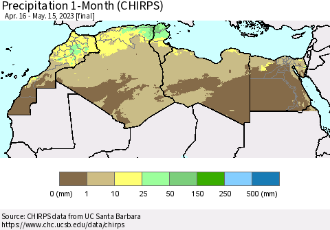 North Africa Precipitation 1-Month (CHIRPS) Thematic Map For 4/16/2023 - 5/15/2023