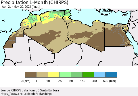 North Africa Precipitation 1-Month (CHIRPS) Thematic Map For 4/21/2023 - 5/20/2023