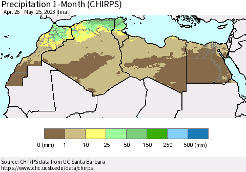 North Africa Precipitation 1-Month (CHIRPS) Thematic Map For 4/26/2023 - 5/25/2023