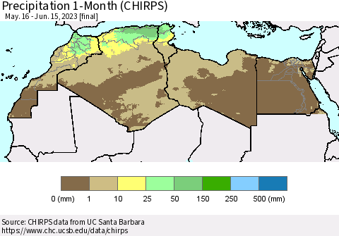 North Africa Precipitation 1-Month (CHIRPS) Thematic Map For 5/16/2023 - 6/15/2023