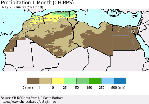 North Africa Precipitation 1-Month (CHIRPS) Thematic Map For 5/21/2023 - 6/20/2023