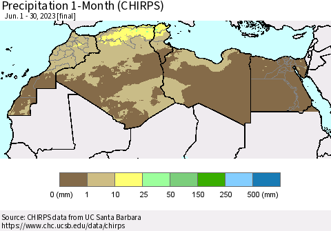 North Africa Precipitation 1-Month (CHIRPS) Thematic Map For 6/1/2023 - 6/30/2023
