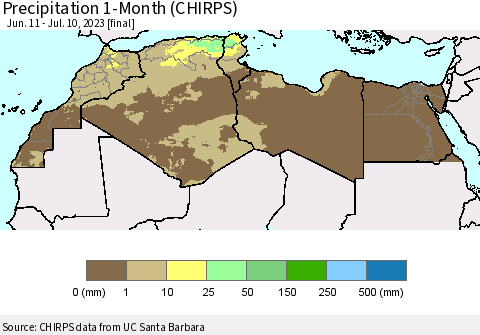 North Africa Precipitation 1-Month (CHIRPS) Thematic Map For 6/11/2023 - 7/10/2023