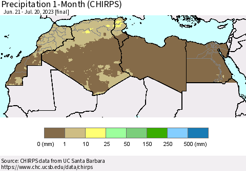 North Africa Precipitation 1-Month (CHIRPS) Thematic Map For 6/21/2023 - 7/20/2023