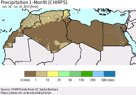 North Africa Precipitation 1-Month (CHIRPS) Thematic Map For 6/26/2023 - 7/25/2023