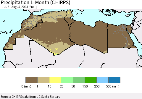 North Africa Precipitation 1-Month (CHIRPS) Thematic Map For 7/6/2023 - 8/5/2023