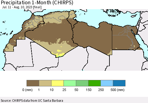 North Africa Precipitation 1-Month (CHIRPS) Thematic Map For 7/11/2023 - 8/10/2023