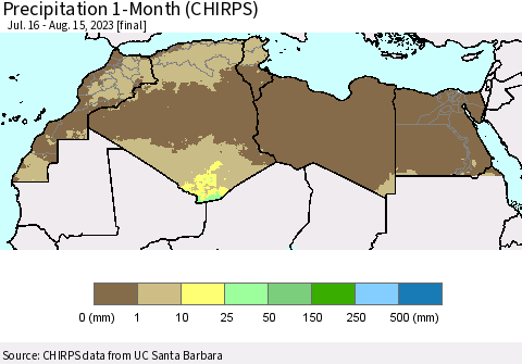 North Africa Precipitation 1-Month (CHIRPS) Thematic Map For 7/16/2023 - 8/15/2023