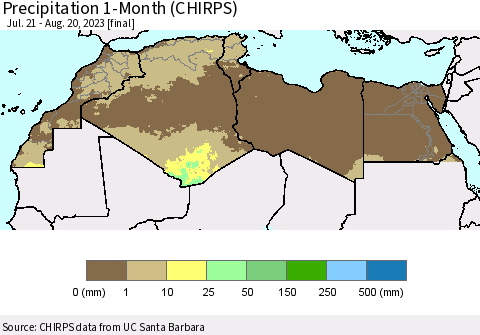 North Africa Precipitation 1-Month (CHIRPS) Thematic Map For 7/21/2023 - 8/20/2023