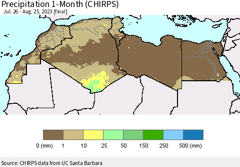 North Africa Precipitation 1-Month (CHIRPS) Thematic Map For 7/26/2023 - 8/25/2023