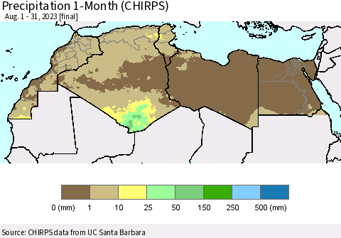 North Africa Precipitation 1-Month (CHIRPS) Thematic Map For 8/1/2023 - 8/31/2023