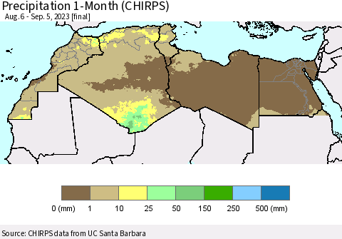 North Africa Precipitation 1-Month (CHIRPS) Thematic Map For 8/6/2023 - 9/5/2023