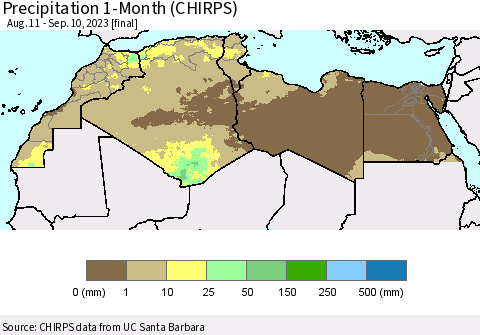 North Africa Precipitation 1-Month (CHIRPS) Thematic Map For 8/11/2023 - 9/10/2023