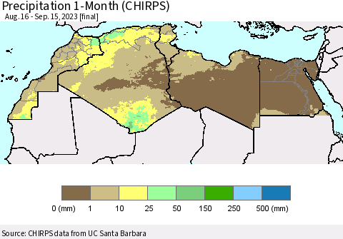 North Africa Precipitation 1-Month (CHIRPS) Thematic Map For 8/16/2023 - 9/15/2023