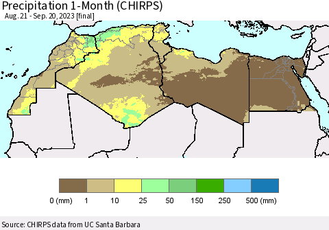 North Africa Precipitation 1-Month (CHIRPS) Thematic Map For 8/21/2023 - 9/20/2023