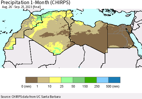North Africa Precipitation 1-Month (CHIRPS) Thematic Map For 8/26/2023 - 9/25/2023