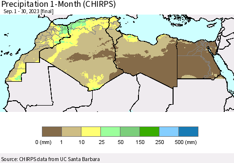 North Africa Precipitation 1-Month (CHIRPS) Thematic Map For 9/1/2023 - 9/30/2023
