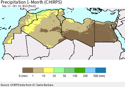North Africa Precipitation 1-Month (CHIRPS) Thematic Map For 9/11/2023 - 10/10/2023