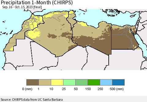 North Africa Precipitation 1-Month (CHIRPS) Thematic Map For 9/16/2023 - 10/15/2023