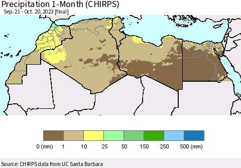 North Africa Precipitation 1-Month (CHIRPS) Thematic Map For 9/21/2023 - 10/20/2023