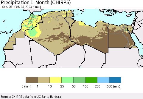 North Africa Precipitation 1-Month (CHIRPS) Thematic Map For 9/26/2023 - 10/25/2023