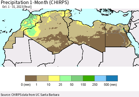 North Africa Precipitation 1-Month (CHIRPS) Thematic Map For 10/1/2023 - 10/31/2023