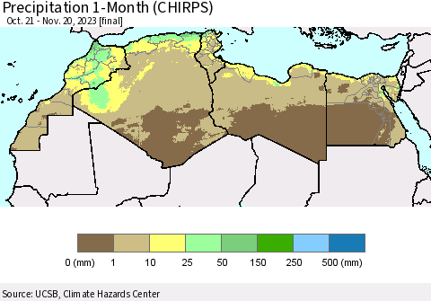 North Africa Precipitation 1-Month (CHIRPS) Thematic Map For 10/21/2023 - 11/20/2023