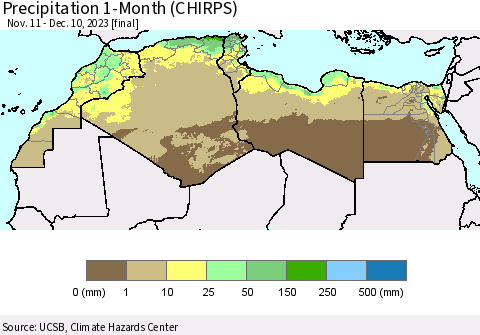 North Africa Precipitation 1-Month (CHIRPS) Thematic Map For 11/11/2023 - 12/10/2023