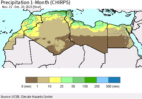 North Africa Precipitation 1-Month (CHIRPS) Thematic Map For 11/21/2023 - 12/20/2023