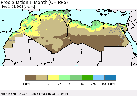 North Africa Precipitation 1-Month (CHIRPS) Thematic Map For 12/1/2023 - 12/31/2023