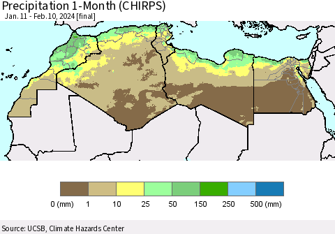 North Africa Precipitation 1-Month (CHIRPS) Thematic Map For 1/11/2024 - 2/10/2024