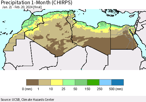 North Africa Precipitation 1-Month (CHIRPS) Thematic Map For 1/21/2024 - 2/20/2024