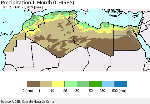 North Africa Precipitation 1-Month (CHIRPS) Thematic Map For 1/26/2024 - 2/25/2024