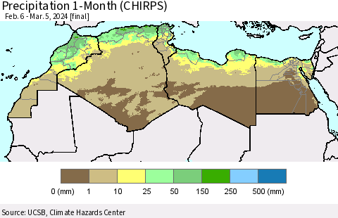 North Africa Precipitation 1-Month (CHIRPS) Thematic Map For 2/6/2024 - 3/5/2024