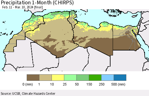 North Africa Precipitation 1-Month (CHIRPS) Thematic Map For 2/11/2024 - 3/10/2024