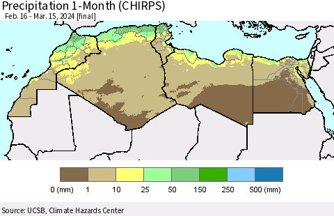 North Africa Precipitation 1-Month (CHIRPS) Thematic Map For 2/16/2024 - 3/15/2024