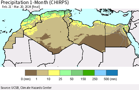 North Africa Precipitation 1-Month (CHIRPS) Thematic Map For 2/21/2024 - 3/20/2024