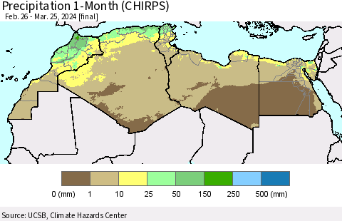 North Africa Precipitation 1-Month (CHIRPS) Thematic Map For 2/26/2024 - 3/25/2024