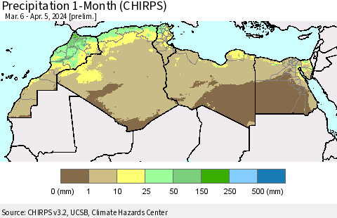 North Africa Precipitation 1-Month (CHIRPS) Thematic Map For 3/6/2024 - 4/5/2024