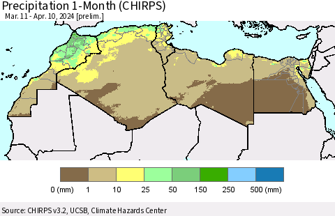 North Africa Precipitation 1-Month (CHIRPS) Thematic Map For 3/11/2024 - 4/10/2024