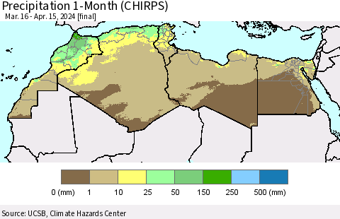 North Africa Precipitation 1-Month (CHIRPS) Thematic Map For 3/16/2024 - 4/15/2024